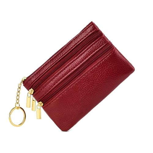 Image of 4 Zip Compartments Small Coin Purse for Women Cards Holder Money Notes Wallet with Keyring - Dark Red