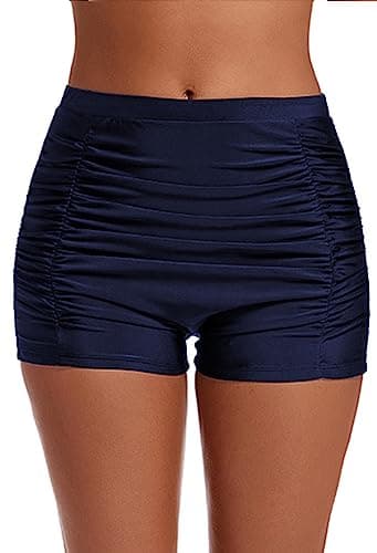 Image of Lovache Women's High Waisted Swim Shorts Ruched Boyleg Tummy Control Bikini Bottom Navy Blue