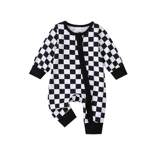 Image of XIXIMAON Toddler Baby Boy Jumpsuit Round Neck Long Sleeve Checkerboard Zipper Romper patchwork Bodysuit Newborn Coming Home Clothes Boys Fall Outfit (Black, 3-6 Months)
