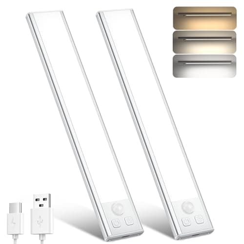 Image of OUILA Under Cabinet Kitchen Lights, 64 LED [2 Pack] 3 Color Stepless Dimming Motion Sensor Lights Indoor, 1000mAh USB-C Rechargeable LED Lights for Cupboard, Kitchen