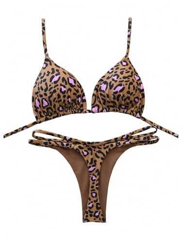 Image of GORGLITTER Leopard Print Bikini Sets for Women UK Halter Tie Triangle String Thong 2 Piece Sexy Beach Swimsuit Brown Small