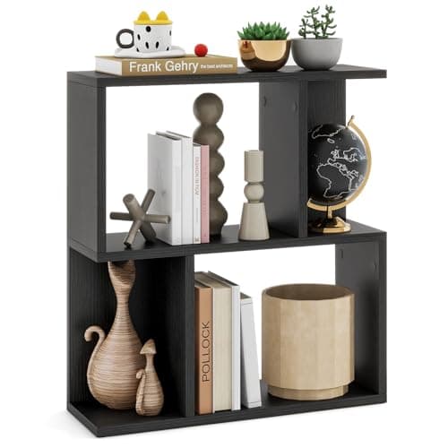 Image of CASART Wooden Bookshelf, 2-tier Irregular Display Shelf with 4 Compartments, Freestanding Bookcase S-shaped Storage Shelving Unit for Bedroom Study Living Room Office (Black, 50 x 18 x 56cm)