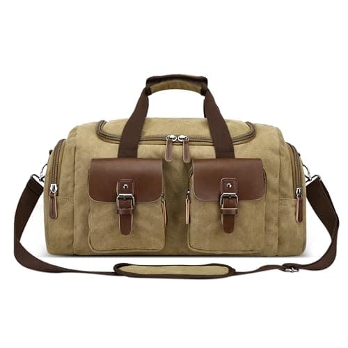 Image of DEEVORCA Mens Retro Canvas Duffle Travel Bag 50L Large Capacity Weekend Holdall Bag for Holiday Gym Camping Vacation Casual Sport Shoulder Bag Vintage Men Overnight Satchel Totes Bag Khaki