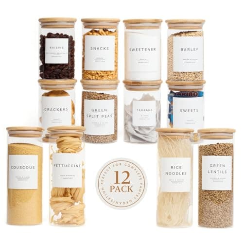 Image of Livabl Glass Storage Containers with Lids- Set of 12 (8 x 600ml & 4 x 1000ml) Glass Jars with Lids Bamboo & 420 Pre-Printed Pantry Labels – Kitchen Storage Rice Containers for Organising Pantry