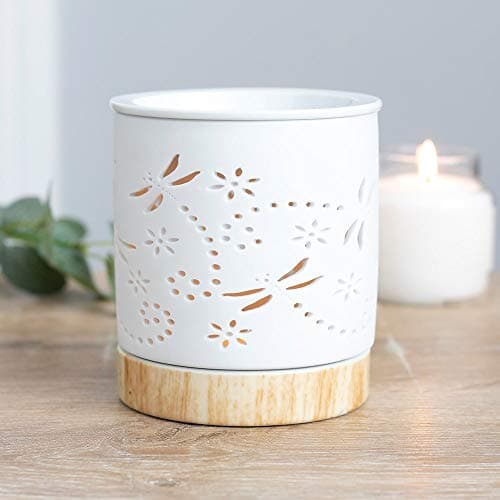 Image of Dragonfly Oil Burner White Ceramic Cut Out Design/Pattern with Tea Light Holder, Essential Oil Diffuser Wax Melt Burners Indoor Fragrance Home Office, Bedroom Living Room Aromatherapy Gifts Decoration