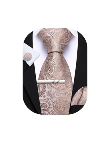 Image of Barry.Wang Champagne Tie with Tie Clip for Men Paisley Silk Necktie Pocket Square Cufflinks Set Formal Wedding Party Business