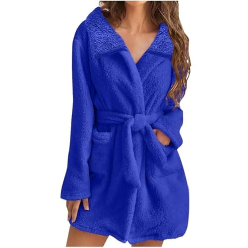 Image of Zeiayuas Ladies Dressing Gown Soft Plush Bath Robe for Women Housecoat Fleece Loungewear Fluffy Bathrobe Short Robe Winter Warm Cozy Bath Robe Nightwear Thick Nightgown with Pocket Gifts for Her Blue
