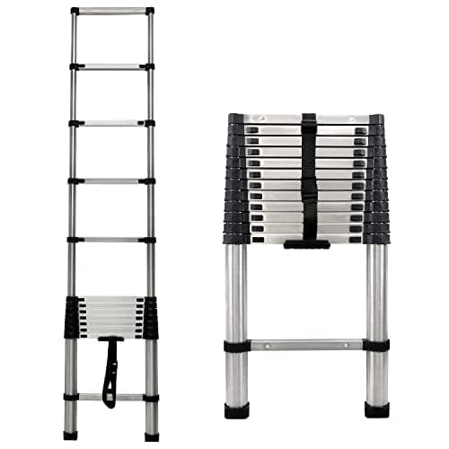 Image of Telescopic Ladder 3.8M Stainless Steel Extension Multi-Purpose Portable Loft Step Ladder with Non-Slip Rubber Feet 150kg Capacity for Indoor Outdoor Activities, EN131 Certificated