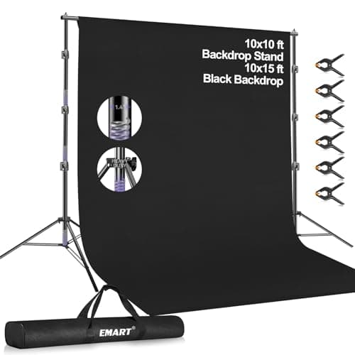 Image of EMART Photography Backdrop Stand Kit 10x 10ft with 10x15ft Black Curtain, Adjustable Background Support System with Portable Large Polyester Fabric Screen for Photo Video Studio, Party, Live