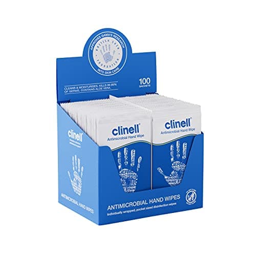 Image of Clinell Antimicrobial Hand Wipes - Pack of 100 Individually Wrapped Sachets - Sanitising Wipes, Ideal for Travel - Dermatologically Tested, Kills 99.99% of Germs
