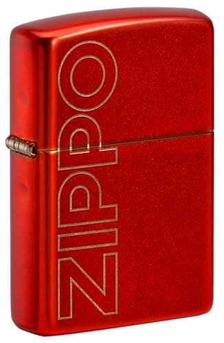 Image of Zippo Windproof Lighter, Vertical Logo Design – Metallic Red, Laser Engraving – Refillable, Reusable, Windproof Design – Comes in Gift Box – Made in USA