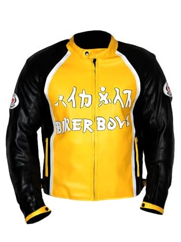 Image of A&M Express Men's Real Genuine Leather Motorcycle Biker Coat with Yellow & Black Logo, Zip Closure, Button Cuffs