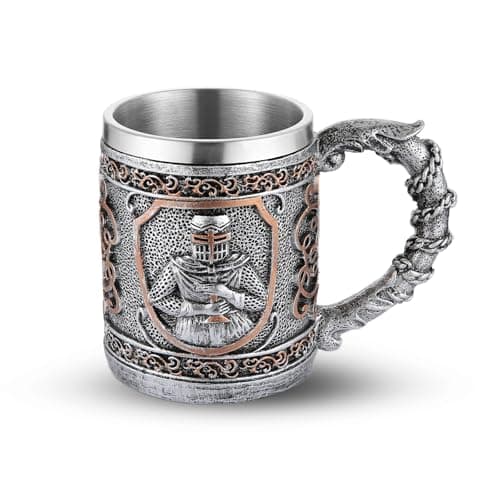 Image of AsAlways Stainless Steel Beer Mug Medieval Templar Knights Beer Stein Novelty Wine Coffee Drinking Cup Renaissance Accessory Gift 400ML/13.5OZ