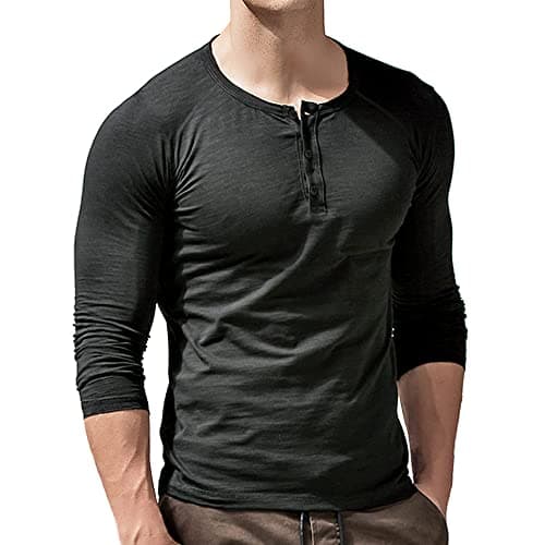 Image of Men's Slub Henleys T-Shirt Long Sleeve Lightweight Relaxed Fit Casual with 3 Buttons Placket Round Neck Shirts Dark Grey XXL