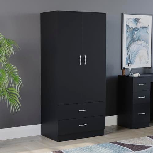 Image of Vida Designs Riano 2 Door & 2 Drawer Wardrobe | Black | Bedroom Furniture | 170H x 76W x 53D cm | with Shelf & Hanging Rail | Large Capacity Storage