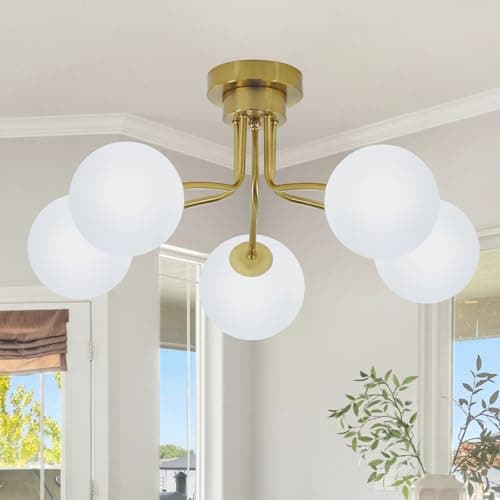 Image of Rviezza Modern Gold Chandeliers Ceiling Light, 5-Way White Globe Glass Shade with G9 Base Semi Flush Mount Ceiling Light, Gold Pendant Light for Living Room, Dining Room, Bedroom