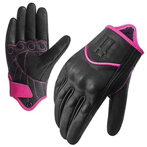 Image of Harssidanzar Womens Full Finger Goatskin Leather Touchscreen Motorcycle Gloves GL016,Pink/Black,Size XL