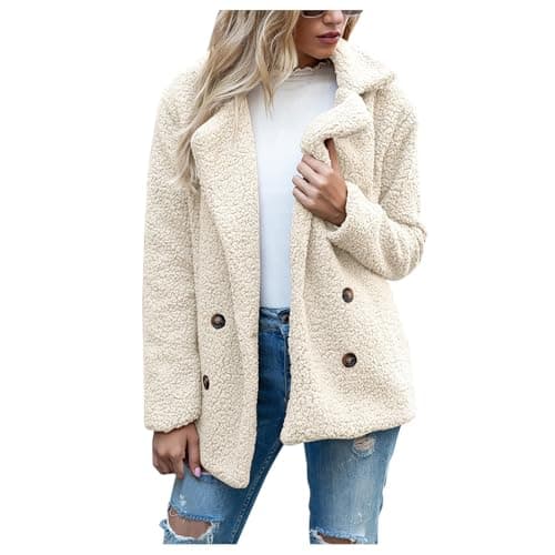 Image of Ladies Cozy Winter Warm Cardigans with Buttons Casual Chunky Fleece Jacket Cardigan Hoodies Oversized Ladies Teddy Lapel Plush Faux Fur Coats White M