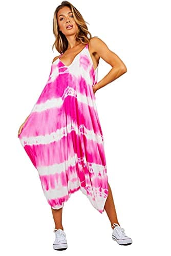 Image of STAR FASHION Ladies Strappy Baggy Harem Jumpsuit Romper Dress Top Womens Sleeveless All in One V-Neck Cami Playsuit UK Tie Dye Pink 12-14