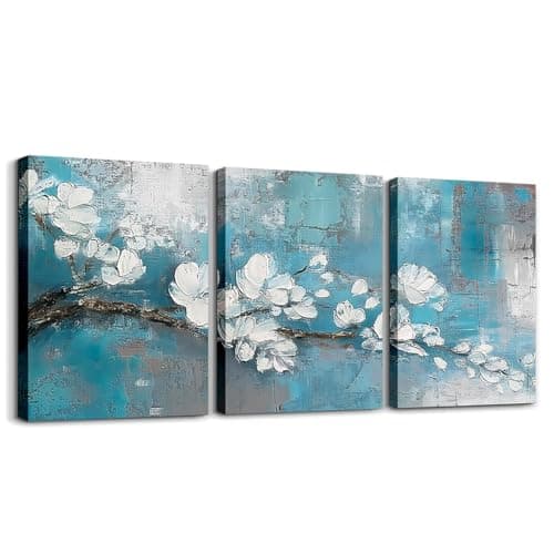 Image of 3 Piece Plum Blossom Canvas Wall Art for Bedroom Living Room, Blue Green Ombre Graffiti Paintings Wall Decor for Bathroom Kitchen, Modern Abstract Style Wall Art Nature Floral Teal Poster Prints