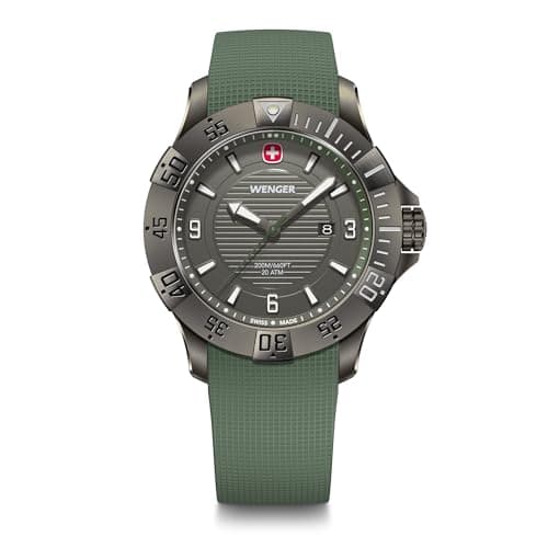 Image of Wenger Men’s Watch Seaforce Ø 43 mm, Swiss Made, Analogue Quartz, Water-Resistant up to 200 m, Silicone Strap, Green/Black, 01.0641.143