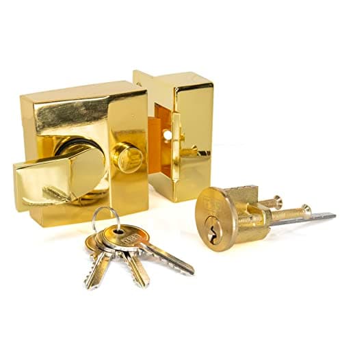 Image of Standard Deadlocking Nightlatch, 40mm Backset, Complete with Rim Cylinder Lock, Supplied with 3 Keys. External Lock for Front and Back Doors. (Polished Brass)