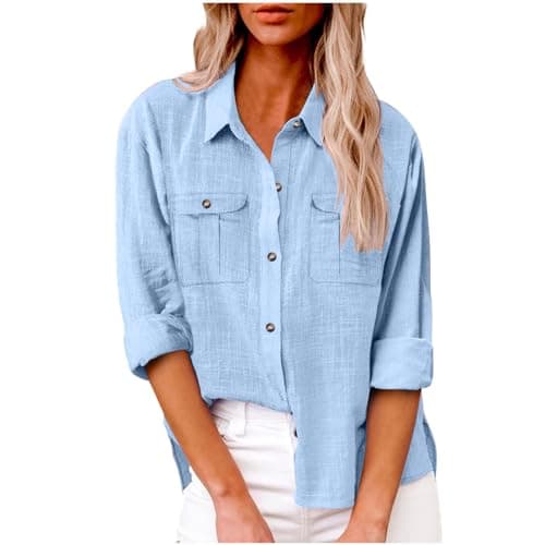 Image of AMhomely Button Down Blouse Women Long Sleeve Oversized Shirt Casual Tops with Breast Pocket Solid Loose Office Work Tunic Tops Baggy Pullover Shirts Going Out Tees Shirts Holiday Light Blue S