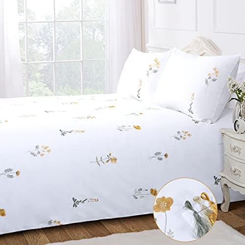 Image of Chlophy King Size Duvet Cover Sets White Yellow Floral Bedding Set Embroidered Flower Cottagecore Elegant Botanical Wildflower French Country Cottage Fresh Summer Blossom