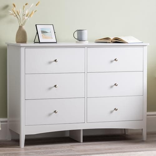 Image of Christow White Chest Of Drawers, 6 Drawer Storage Organiser Unit, Modern Wooden MDF Bedroom Cabinet Furniture, Living Room Hallway, Brushed Chrome Handles, Smooth Glide Runners (H70cm x W80cm x D40cm)