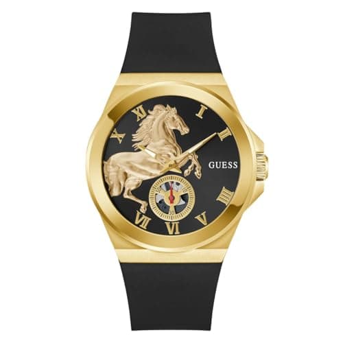 Image of Guess Men's Vinyl Watch with Black Silicone Strap Mineral Glass Black Dial 3 Bar Case Diameter 44mm GW0979G1