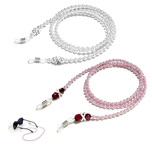 Image of 2 Pcs Pearl Glasses Chain Anti-Slip Beaded Eyeglasses Straps Adjustable Reading Spectacles Neck Cord Simple Funky Spectacle Holder Lanyard Sunglasses Eyewear String for Women Girls, White and Pink