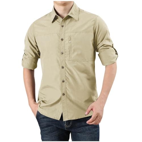 Image of Klijuiaup Mens Tactical Long Sleeve Overshirt Uniform Ripstop Button Down Work Shirt Casual Shacket Mens Utility Shirt Jacket/UK Size/Shipping 7 Days Khaki