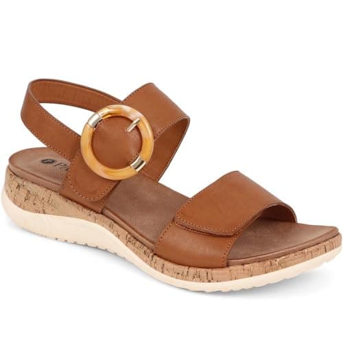 Image of Adjustable Buckle Slingback Comfort Sandals - Tan Size 6