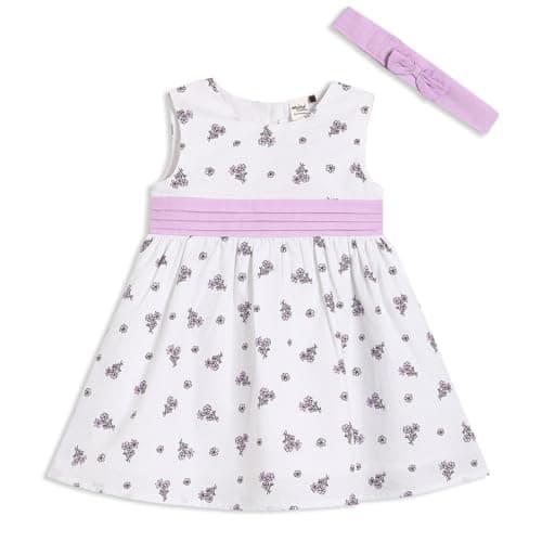 Image of MINI CUDDLES Baby Girls Printed Dress With Headband, White (0-3M)