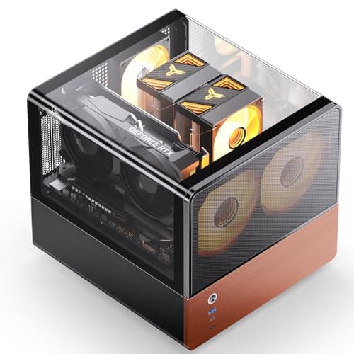 Image of JONSBO V12 Black Micro ATX Mid Tower PC Case, Hyperboloid Glass Desktop Design, Separated Cabinet Structure,Walnut Wood,MATX Desktop Computer Chassis, GPU<260mm,ATX PSU,Front 120mm*2(Built-in) Black