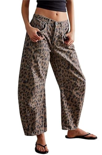 Image of loveimgs Womens Stretchy Mid Rise Barrel Jeans Vintage Loose Wide Leg Cropped Denim Pants Y2k Baggy Boyfriend Jeans, Classic Leopard, XL