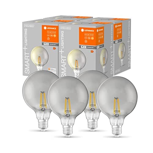Image of LEDVANCE Smart LED Bulb with WiFi Technology, E27, Dimmable, Warm White (2500K), Globe Shape, Clear Filament in Smoked Glass, Replacement for Conventional 48W Bulbs, 4-Pack