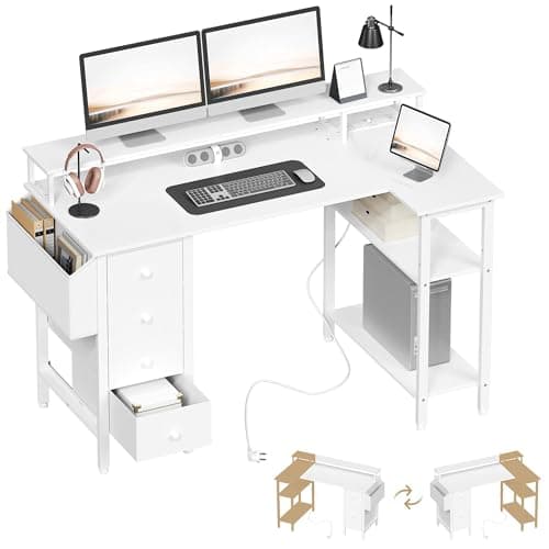 Image of Yaheetech Corner Gaming Desk with Drawers, 120x70cm L Shaped Computer Desk with Power Outlets, Office Desk with Raised Monitor Stand, Reversible Storage Shelves for Home Office, White