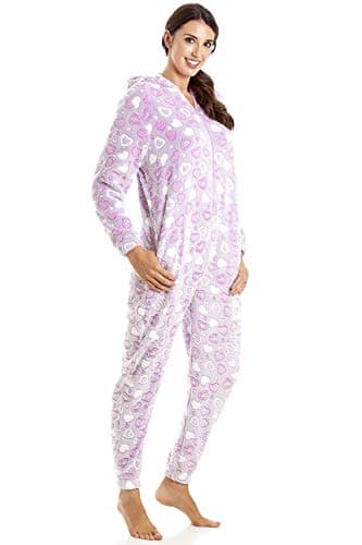 Image of Camille Women's Super Soft Fleece Onesie - Heart All in One - Long Sleeved and Side Pockets for Ultimate Comfort & Warmth Purple 14-16