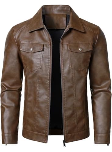 Image of HOOD CREW Men's Motorcycle Biker Jacket- Lightweight Faux Leather Jacket for Casual Wear | Classic Collar, Multiple Pockets