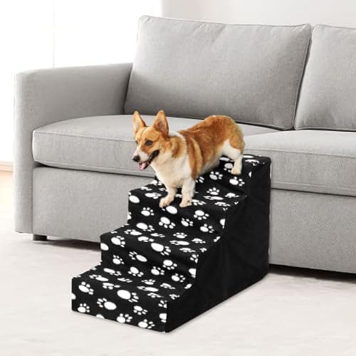 Image of CROWNSHOP 4-Steps Dog Ramp 60X40X15cm Dogs Steps for High Bed Non-Slip Pet Stairs with Removable Washable Cover for Small Dogs and Cats Dog Ramp for Sofa (Black Claw)