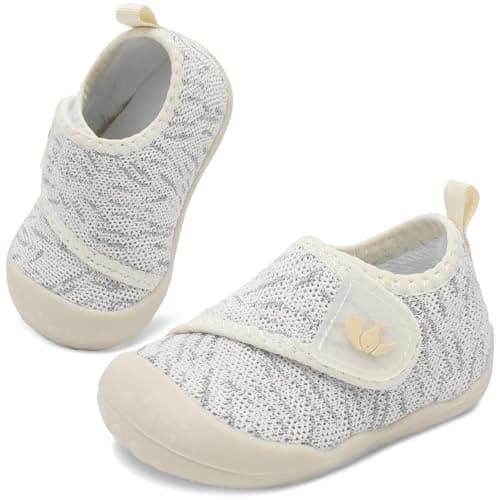 Image of JIASUQI Baby Shoes Breathable Baby First Walking Shoes Wide Infant Sneakers Lightweight Barefoot Toddler Shoes(BeigeGrey 118,6-12Months)