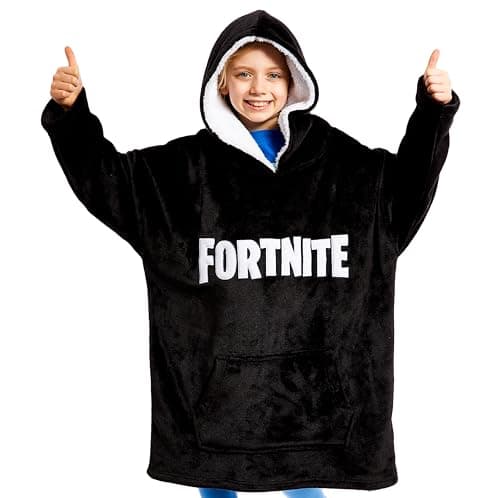 Image of Fortnite Oversized Hoodie Blankets for Boys Fleece Extra Long Warm Wearable Hooded Poncho for Kids and Teens 14+, Gamers Gifts (Black Print Kids)