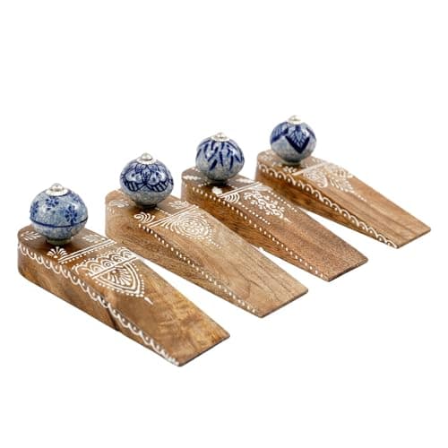 Image of Set of 4 Traditional Wooden Door Stop Wedges, Mango Wood Decorative Door Stopper Wedges, Wood & Blue Ceramic Floor Doorstops