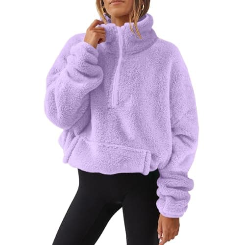 Image of Womens Fleece Jumper Women Half Zip Long Sleeve Winter Thermal Tops Pullover Sweatshirts Loose Casual Fluffy Tees Shirts Jacket Coats Warm Fleece Tops (UK, Alpha, S, Regular, Regular, 01 Purple)
