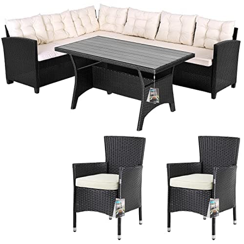 Image of CASARIA® Lisbon Polyrattan Garden Corner Lounge Dining Table Set with 2 Stacking Chairs | Bench WPC Table Top Seat Cushions | Weatherproof Outdoor Patio Seating Group Furniture | Black