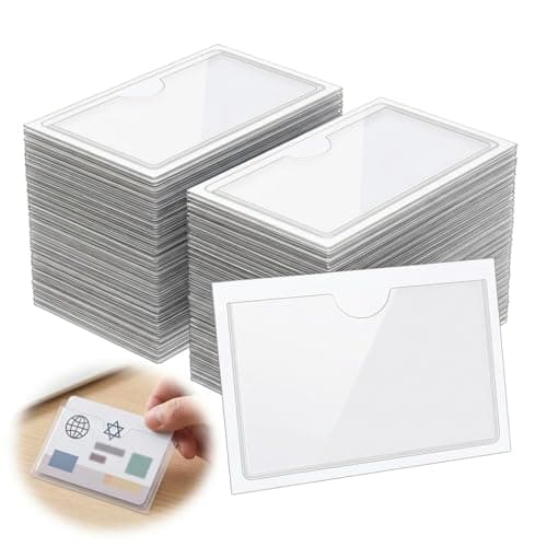 Image of 50 Pcs Self Adhesive Label Holders, 6 x 10cm Horizontal Plastic Card Sleeves Plastic Pocket Holder, Waterproof Clear Pockets, Self-Adhesive Business Card Pockets for Home Office School and Travel