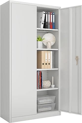 Image of SUPEER Metal Storage Cabinet with 2 Door and 4 Adjustable Shelves,180CM Tall Steel Cabinet for Warehouse,Garage,Home,Office,Easy Assemble Required(Grey)