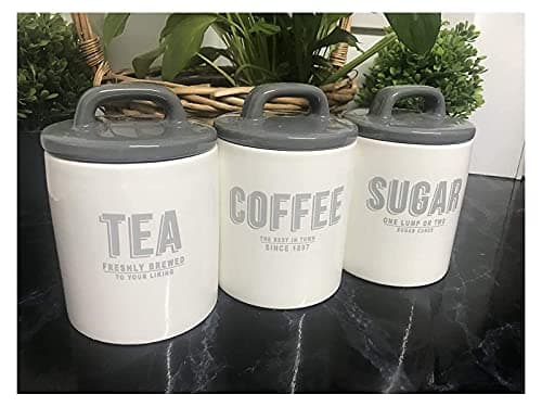 Image of MND Dealings® New Retro Grey Set Of 3 Style Ceramic Canisters/Jars for the Kitchen Counter Jars, Food Storage Sets for Tea, Sugar, Coffee with Air Tight Lids -(Grey/White)