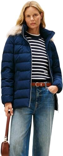 Image of Tommy Hilfiger Women's Slim Down Puffer Jacket with Faux Fur Trim, Blue (Dark Night Navy), L